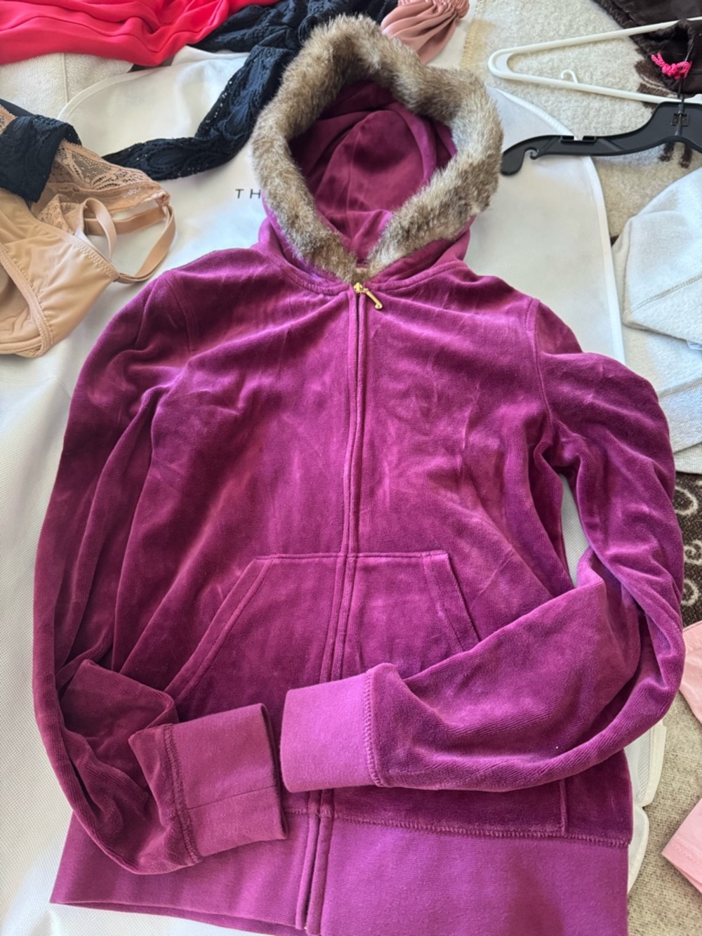 Juicy Couture Vintage Velour Zip-Up Hoodie with Faux Fur Trim - Magenta